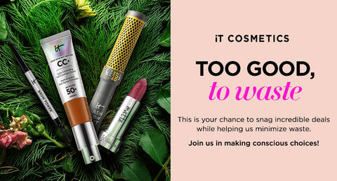 Flat-lay of IT Cosmetics products on pine leaves beside a pink background with text about deals and reducing product waste.
