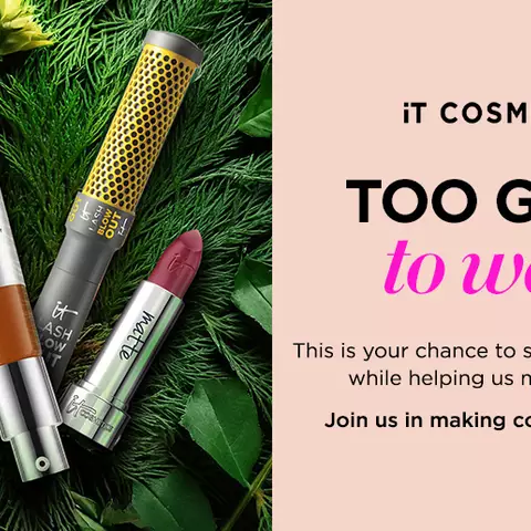 Flat-lay of IT Cosmetics products on pine leaves beside a pink background with text about deals and reducing product waste.