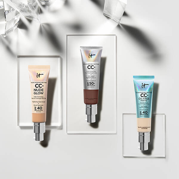 Pack shot of CC Nudeglow, CC original and CC oil free on grey background