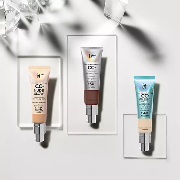 Pack shot of CC Nudeglow, CC original and CC oil free on grey background