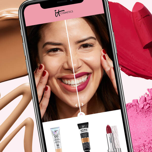 Headshot of woman with half of her face using the virtual try on technology.