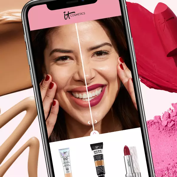 Headshot of woman with half of her face using the virtual try on technology.
