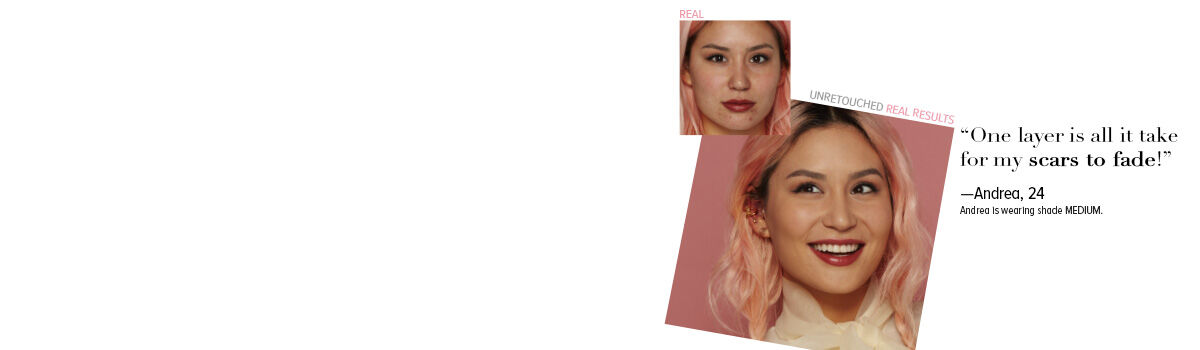 Before-and-after photos of a smiling woman with pink hair showing real, unretouched makeup results.