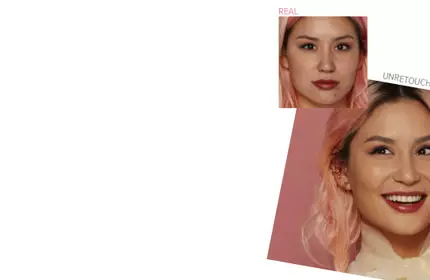 Before-and-after photos of a smiling woman with pink hair showing real, unretouched makeup results.