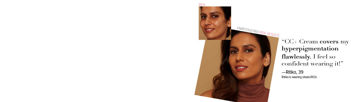 Before and after results of IT Cosmetics on a woman with warm complexion, showing even skin tone and glow.