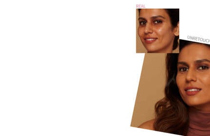 Before and after results of IT Cosmetics on a woman with warm complexion, showing even skin tone and glow.