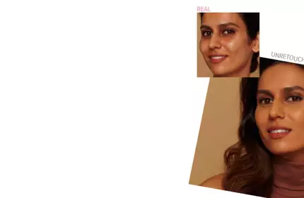 Before and after results of IT Cosmetics on a woman with warm complexion, showing even skin tone and glow.