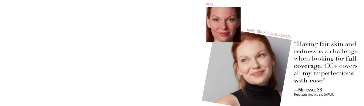 Before-and-after photos of a woman with red hair showing real, unretouched skin improvement.