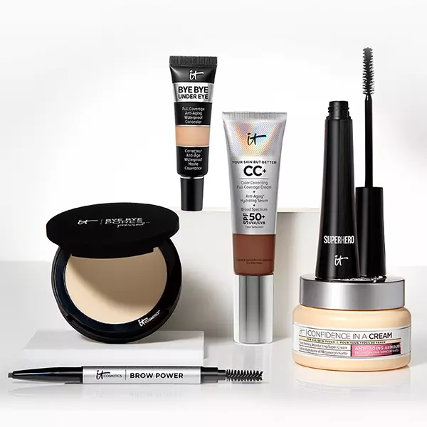 Packshots of Brow power pencil, Bye Bye pores pressed powder, Bye Bye undereye concealer, CC cream original, Superhero mascara and Confidence in a cream