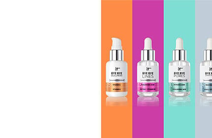 IT Cosmetics Bye Bye serums lineup, including formulas for dullness, fine lines, and pores, displayed on colorful backgrounds.