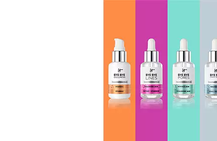 IT Cosmetics Bye Bye serums lineup, including formulas for dullness, fine lines, and pores, displayed on colorful backgrounds.