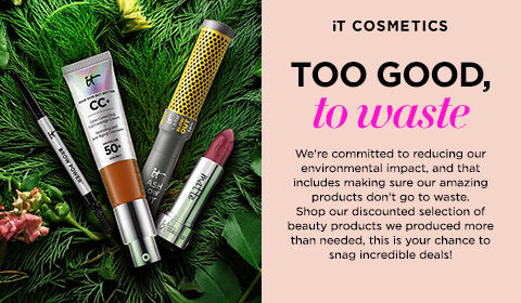 IT Cosmetics products on greenery next to pink background promoting conscious shopping and reduced product waste initiative.