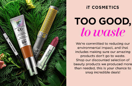 IT Cosmetics products on greenery next to pink background promoting conscious shopping and reduced product waste initiative.