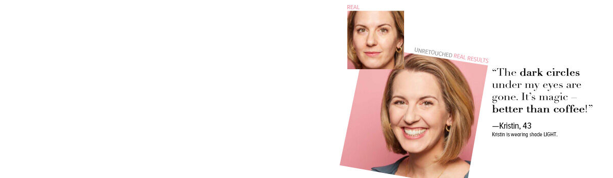 Before-and-after photos of smiling woman with blonde hair showing real, unretouched skincare results.