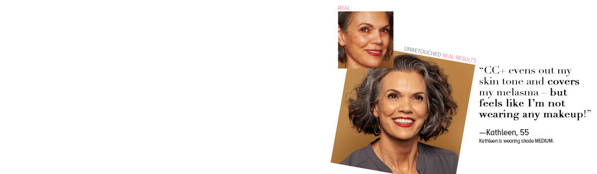 Before-and-after photos of a smiling woman with grey hair showing real, unretouched makeup results.