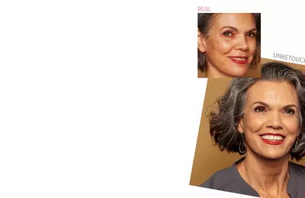 Before-and-after photos of a smiling woman with grey hair showing real, unretouched makeup results.