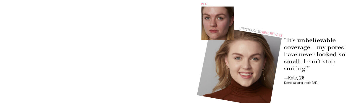 Before-and-after photos of a smiling woman with blonde hair showing real, unretouched makeup results.