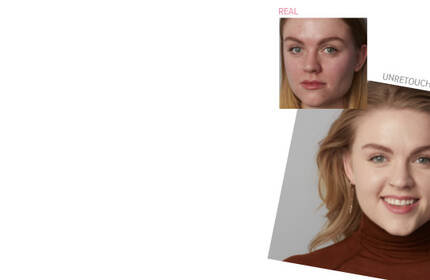 Before-and-after photos of a smiling woman with blonde hair showing real, unretouched makeup results.