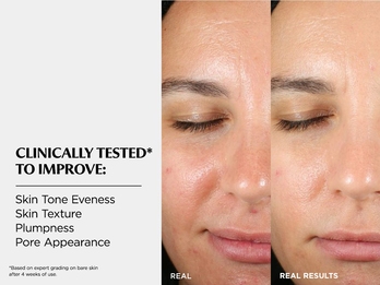 Clinically Tested* to Improve: Skin Tone Eveness / Skin Texture / Plumpness / Pore Appearance *Based on expert grading on bare skin after 4 weeks of use.
