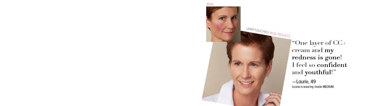 Before and after results of IT Cosmetics skincare on a woman with visible redness, showing improved complexion and radiance.