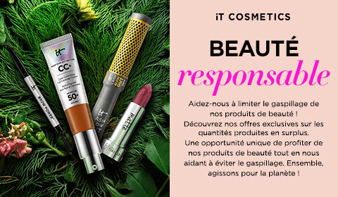IT Cosmetics products on greenery next to pink background promoting conscious shopping and reduced product waste initiative.