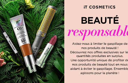 IT Cosmetics products on greenery next to pink background promoting conscious shopping and reduced product waste initiative.