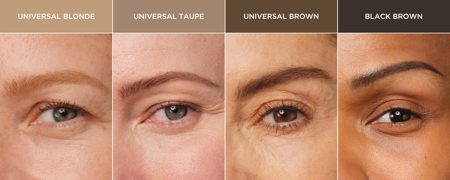 Grid images of a closeup of four women's eyes, focusing on the eyebrow showing the different shades of the Hello Brow Multi-Bristle Eyebrow Pen