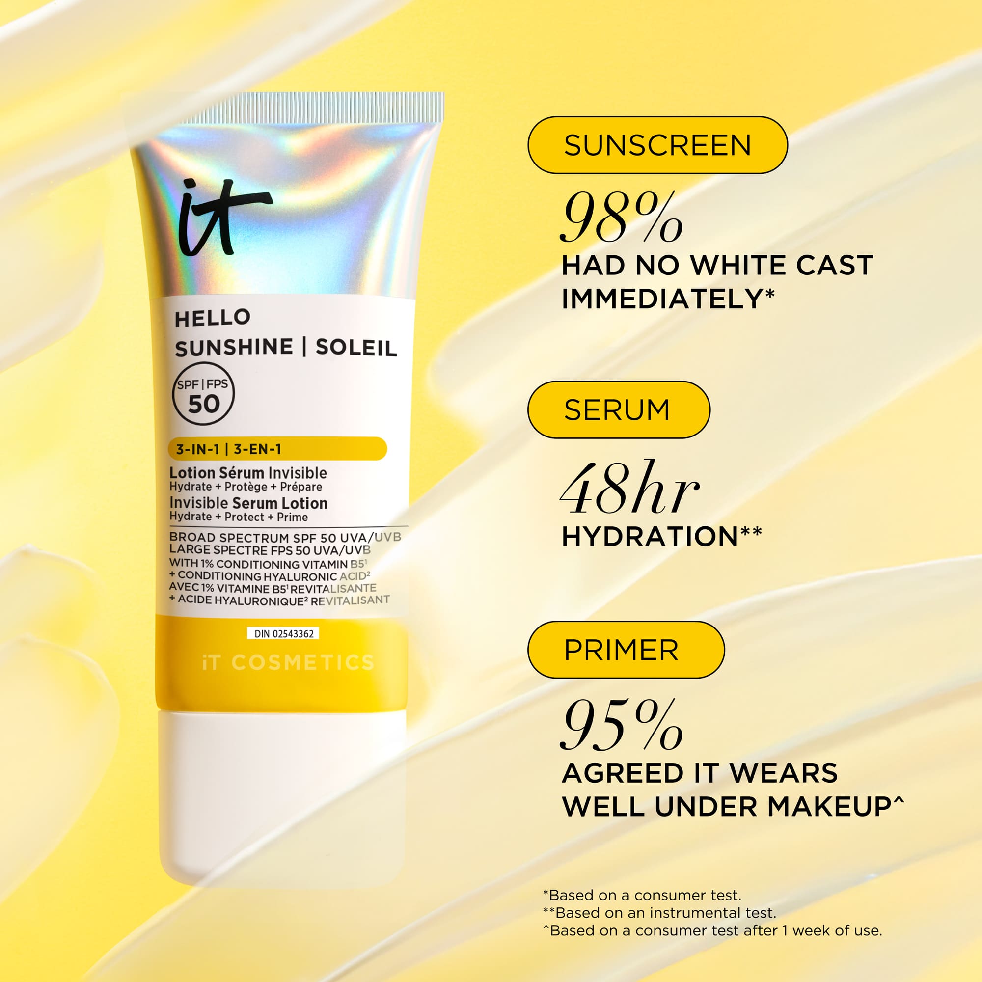 IT Cosmetics Hello Sunshine Invisible Hydrating Serum Sunscreen SPF 50 with pro-vitamin B5 and hyaluronic acid on a creamy background.