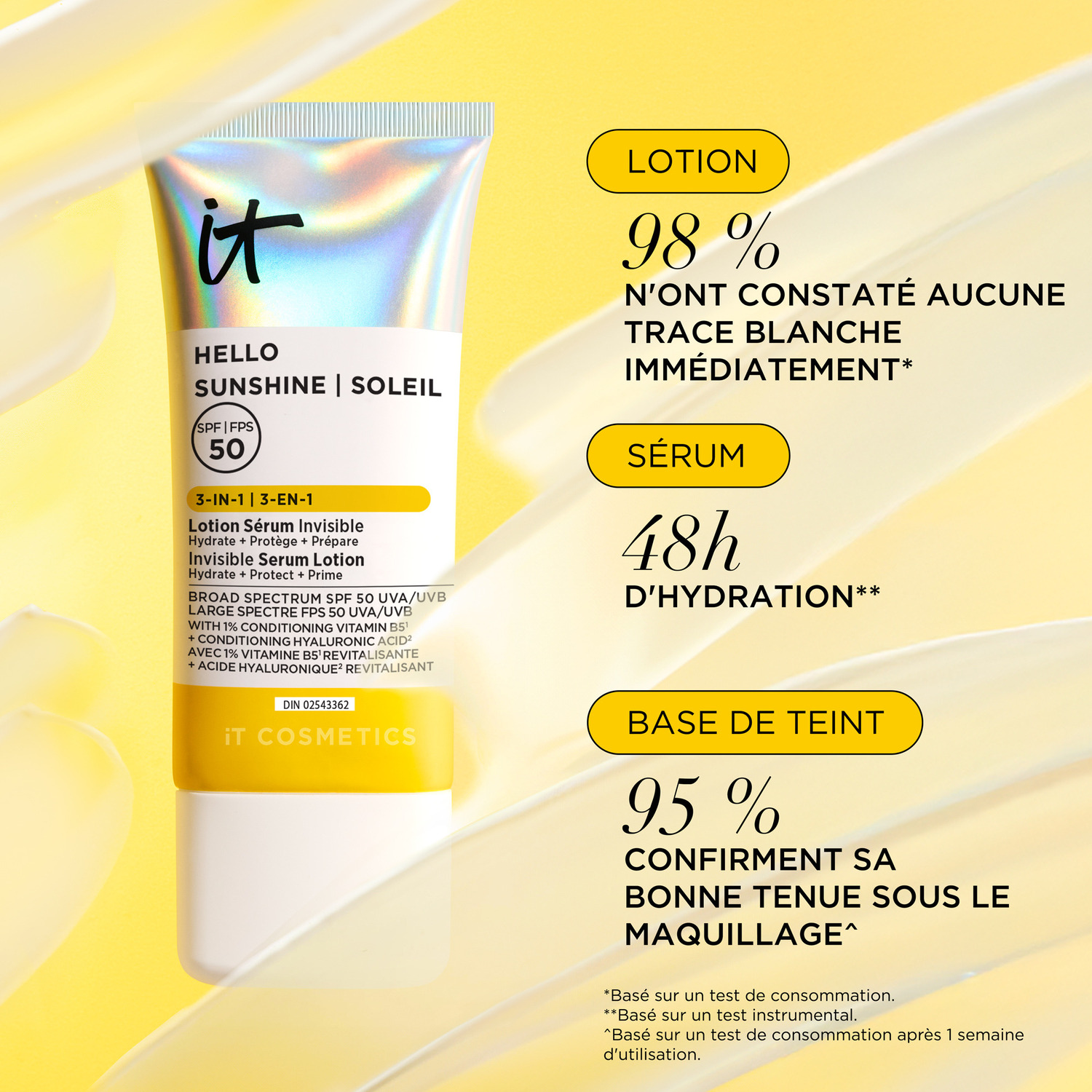 IT Cosmetics Hello Sunshine Invisible Hydrating Serum Sunscreen SPF 50 with pro-vitamin B5 and hyaluronic acid on a creamy background.